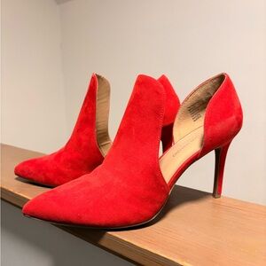 Christian Siriano Red Suede D'Orsay Pointed-Toe Stiletto Pumps